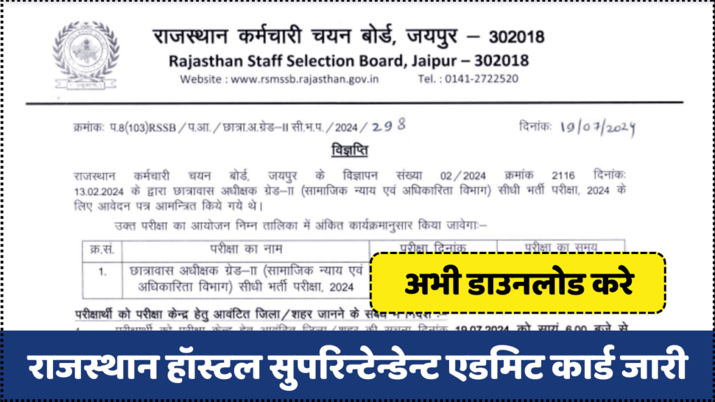 Rajasthan Hostel Superintendent Admit Card 2024